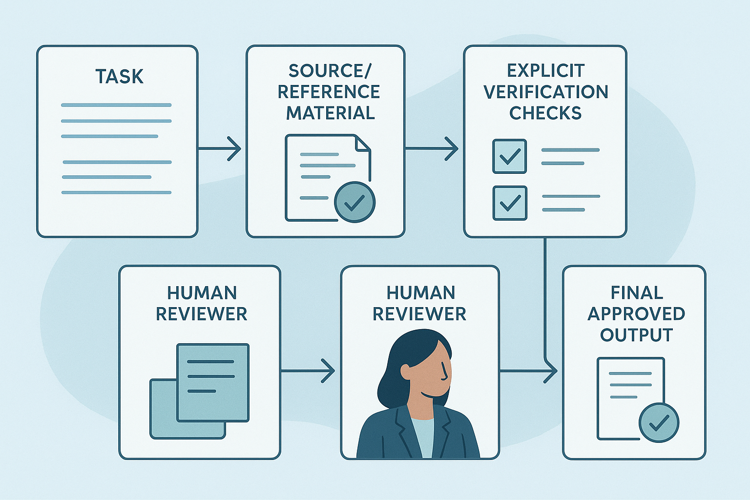 Editorial workflow illustration showing task framing, source material, AI assistance, verification checks, human review, and final approved output