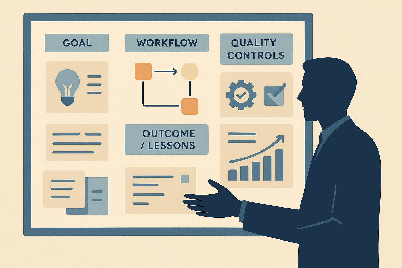 Editorial illustration of an AI project case study laid out around goals, workflow, quality controls, and outcomes for portfolio or interview storytelling