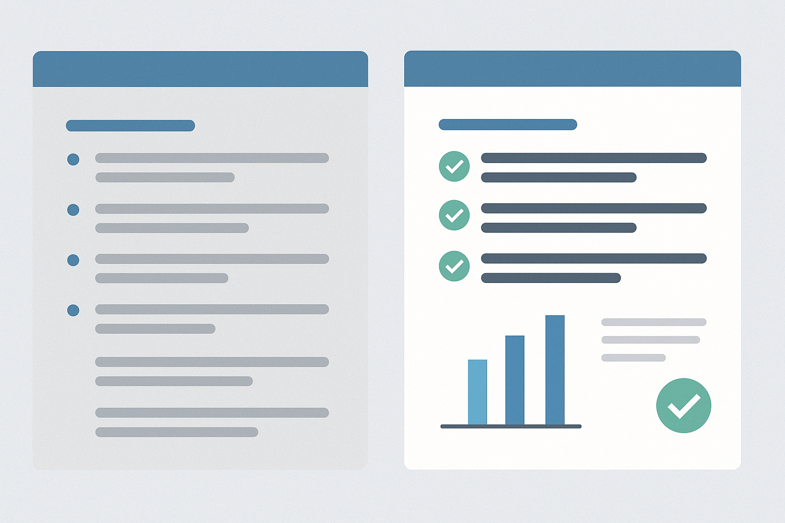 Editorial illustration contrasting a weaker generic resume section with a stronger evidence-based version that shows structure, review, and measurable impact