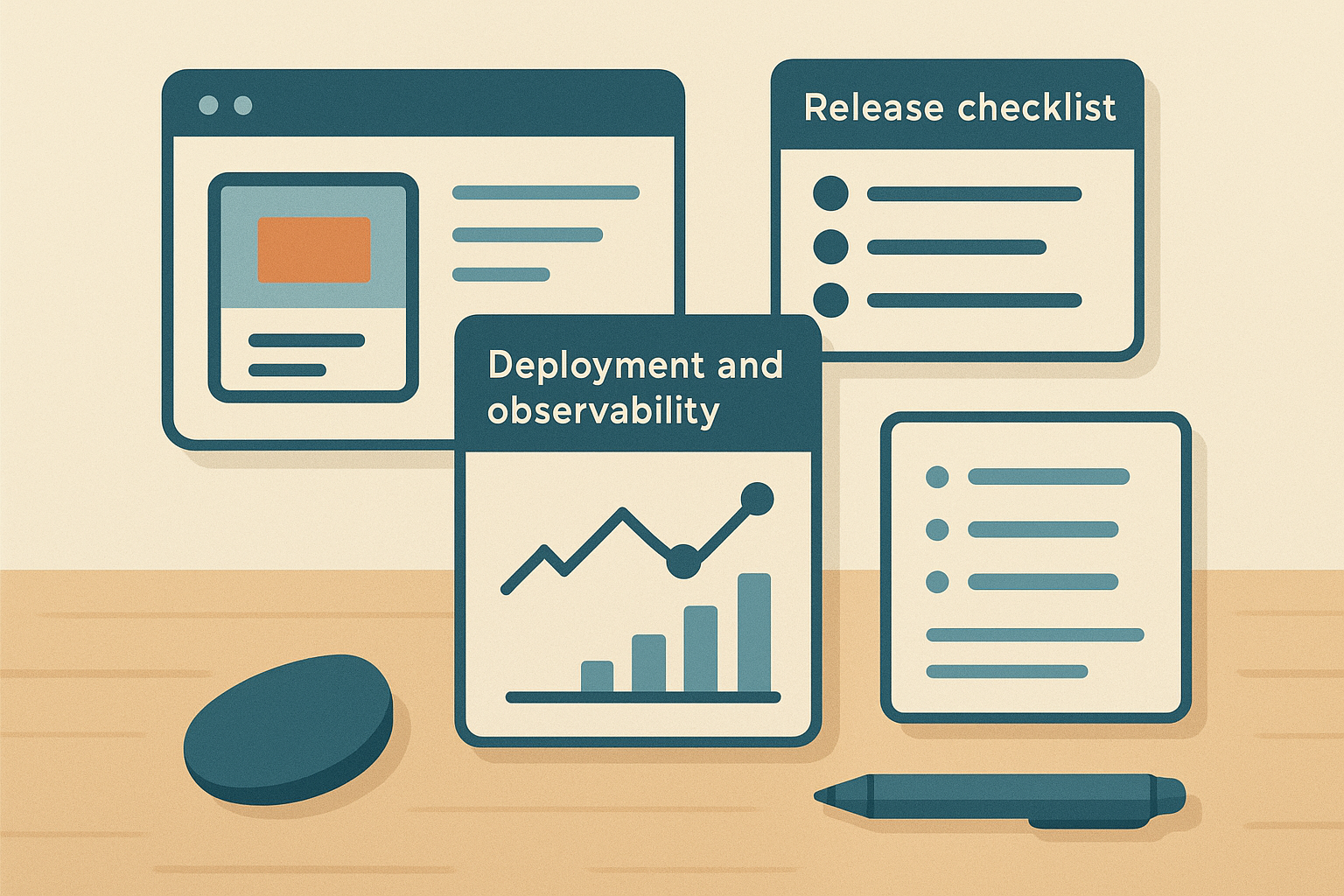 Editorial illustration showing a compact set of practical proof artifacts like a side project, release checklist, documentation, and observability work supporting a career pivot