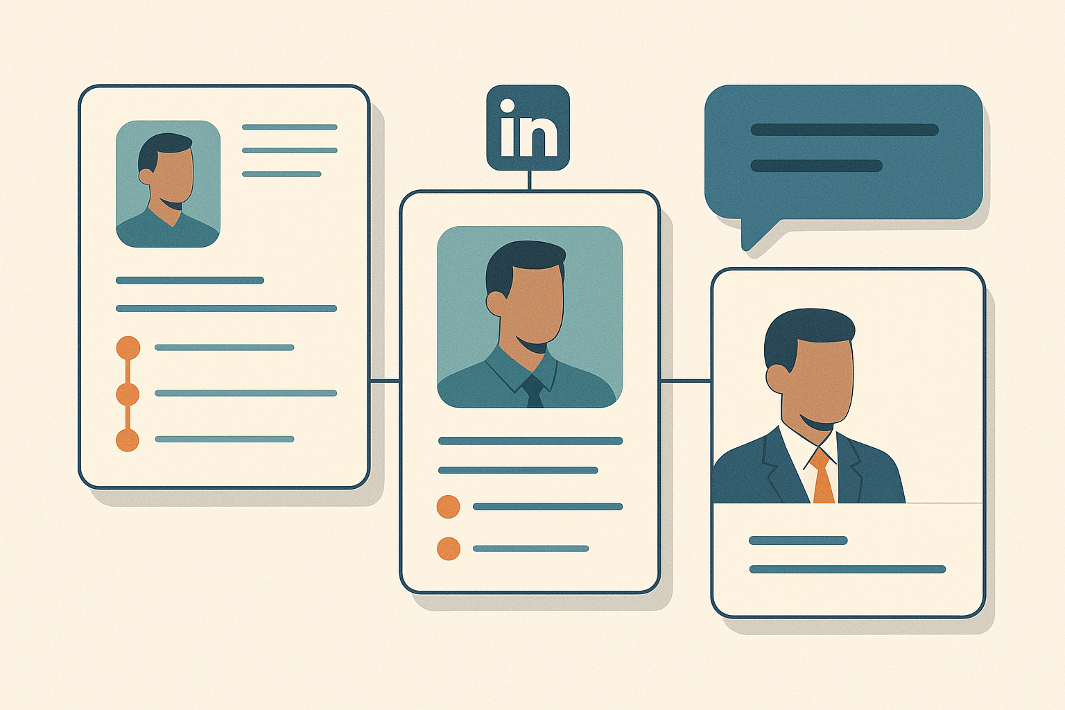 Editorial illustration showing the same career-pivot story aligned across a resume, professional profile, and interview conversation