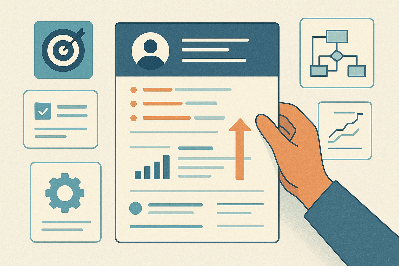 Editorial illustration showing a resume being reordered so the strongest evidence for a target role rises to the top