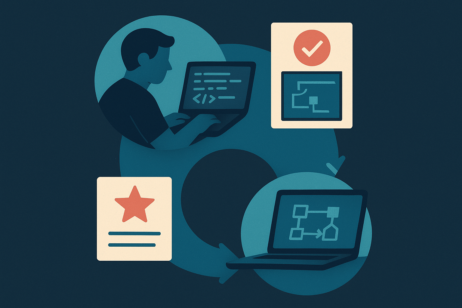 Editorial illustration of a software engineer using a short career sprint cycle to turn one focused goal into visible proof