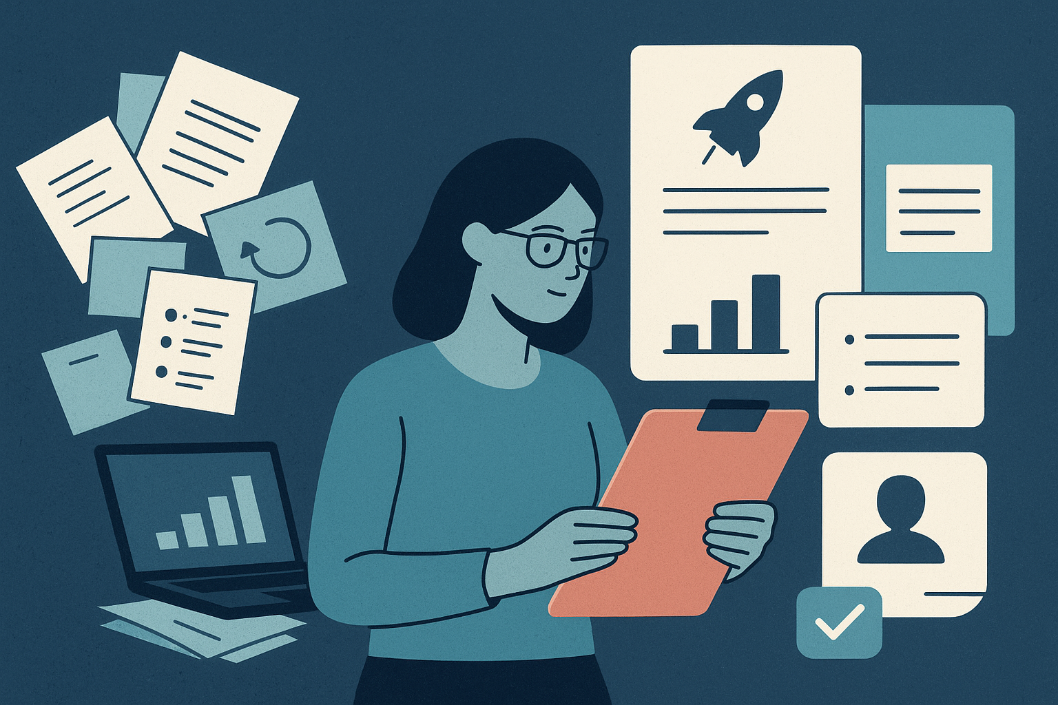 Editorial illustration comparing scattered activity with concrete career evidence like shipped work, measured impact, and reusable resume proof