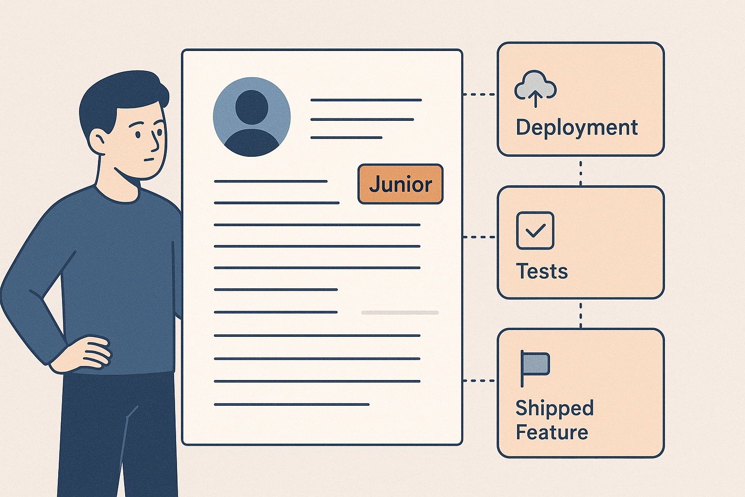 Editorial illustration showing an early-career tech candidate using a few strong personal projects to add real proof where formal work history is still thin