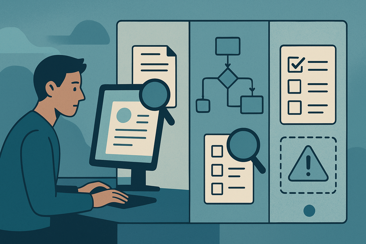 Editorial illustration showing a candidate's AI project being judged through four practical lenses: task framing, workflow design, verification, and guardrails