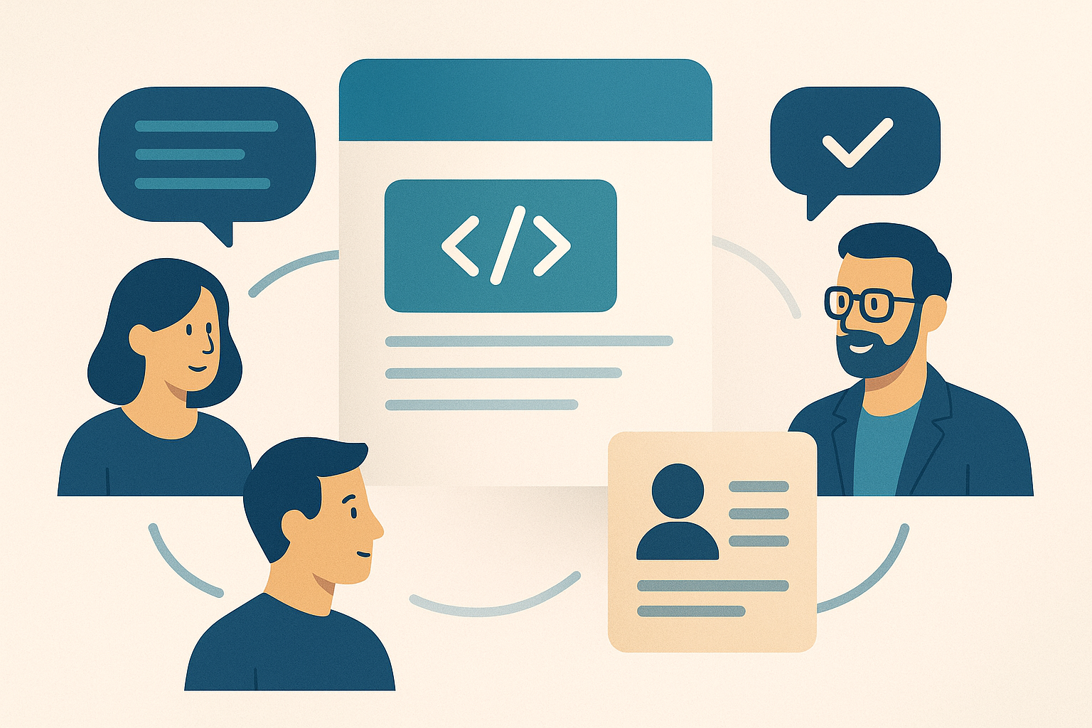 Editorial illustration showing developer blog posts acting as conversation bridges between a meetup chat, a follow-up message, and a hiring manager or peer