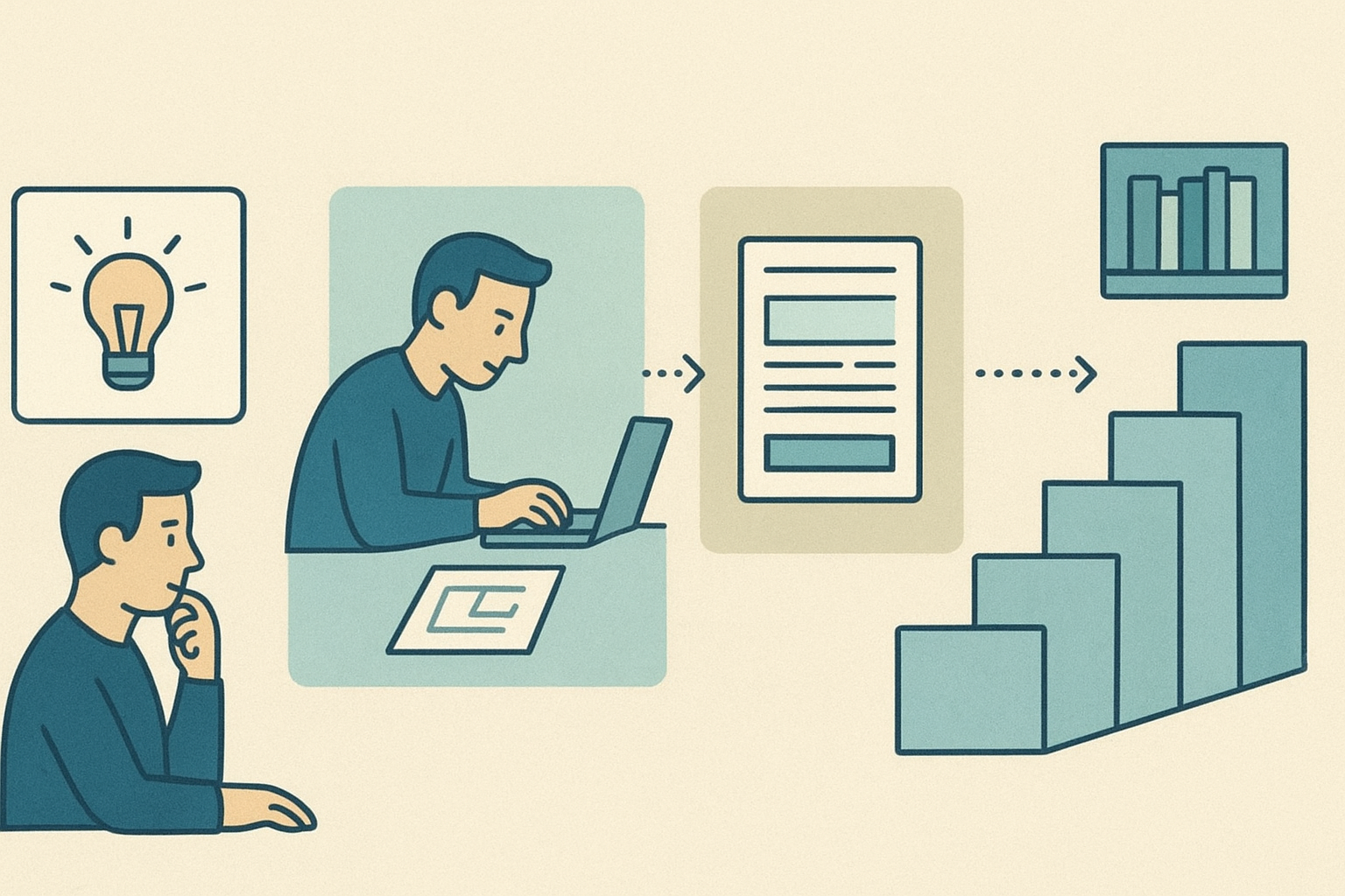 Editorial illustration showing a sustainable developer blogging rhythm: capture an idea, outline it, publish one solid post, and build a useful library over time