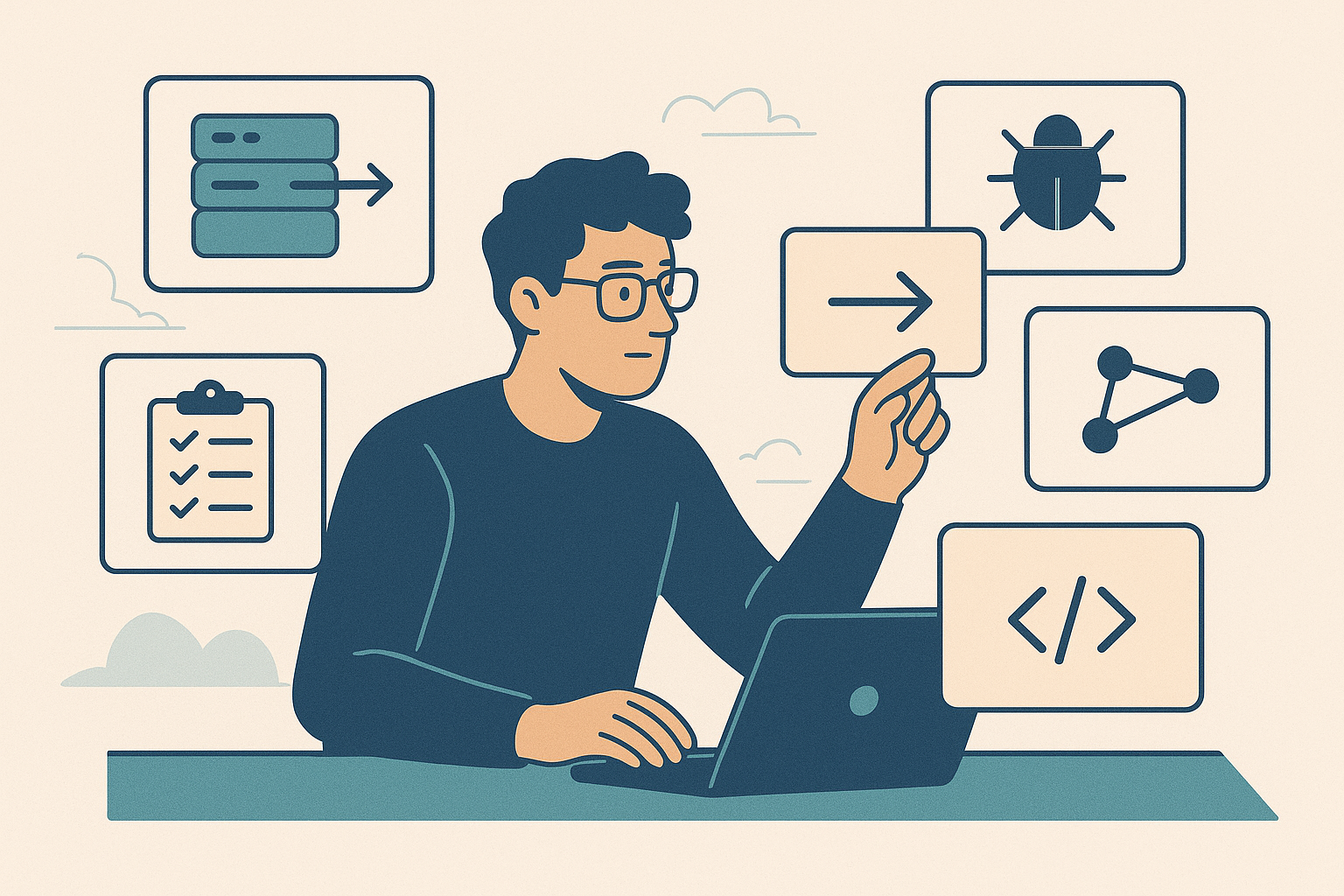 Editorial illustration showing a developer turning recurring engineering explanations like migrations, flaky tests, and service boundary decisions into practical blog topic seeds