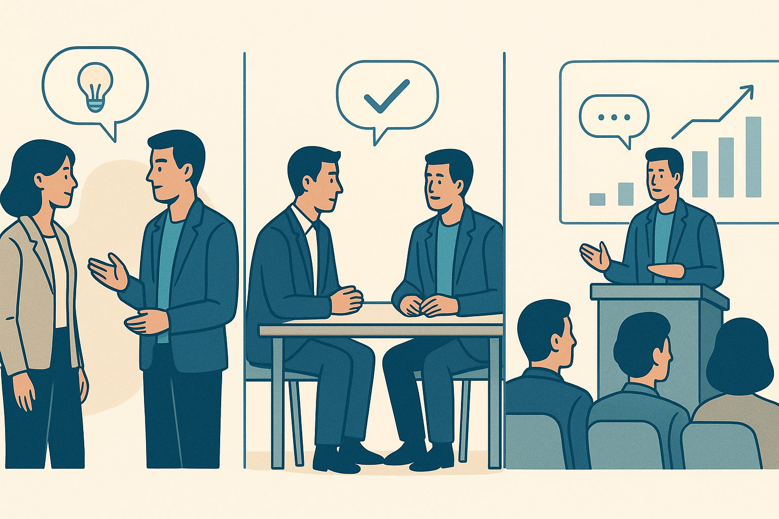Editorial illustration showing one core professional story adapted across networking, interview, and conference conversations