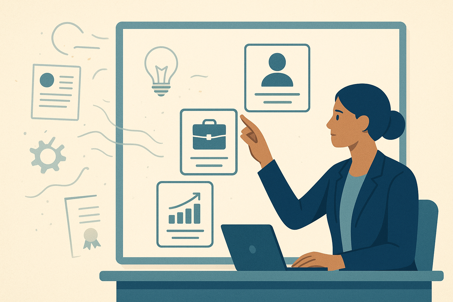 Editorial illustration showing a tech professional organizing scattered career details into a few clear value signals for a concise introduction
