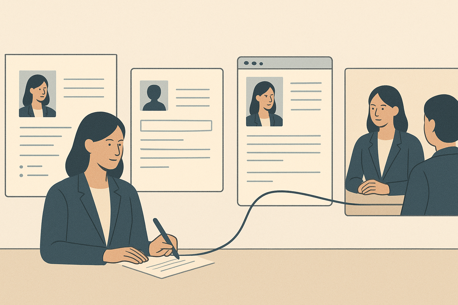 Editorial illustration showing one professional story aligned across a resume, application, profile, and interview