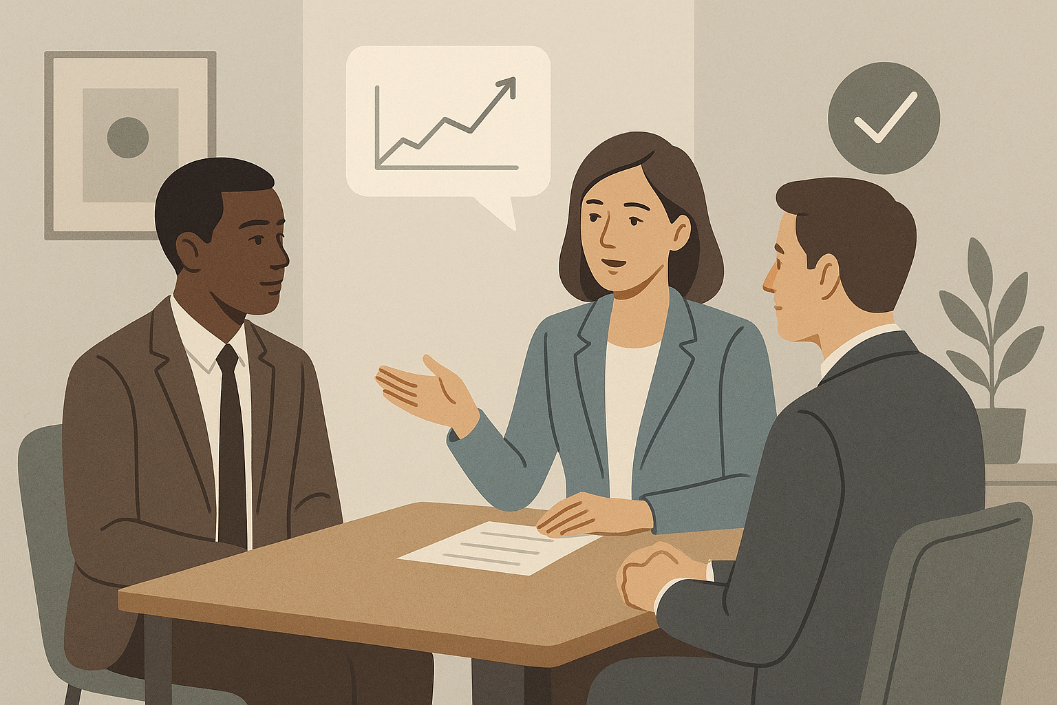 Editorial illustration showing a calm candidate giving a brief, honest explanation and redirecting the conversation toward fit and value