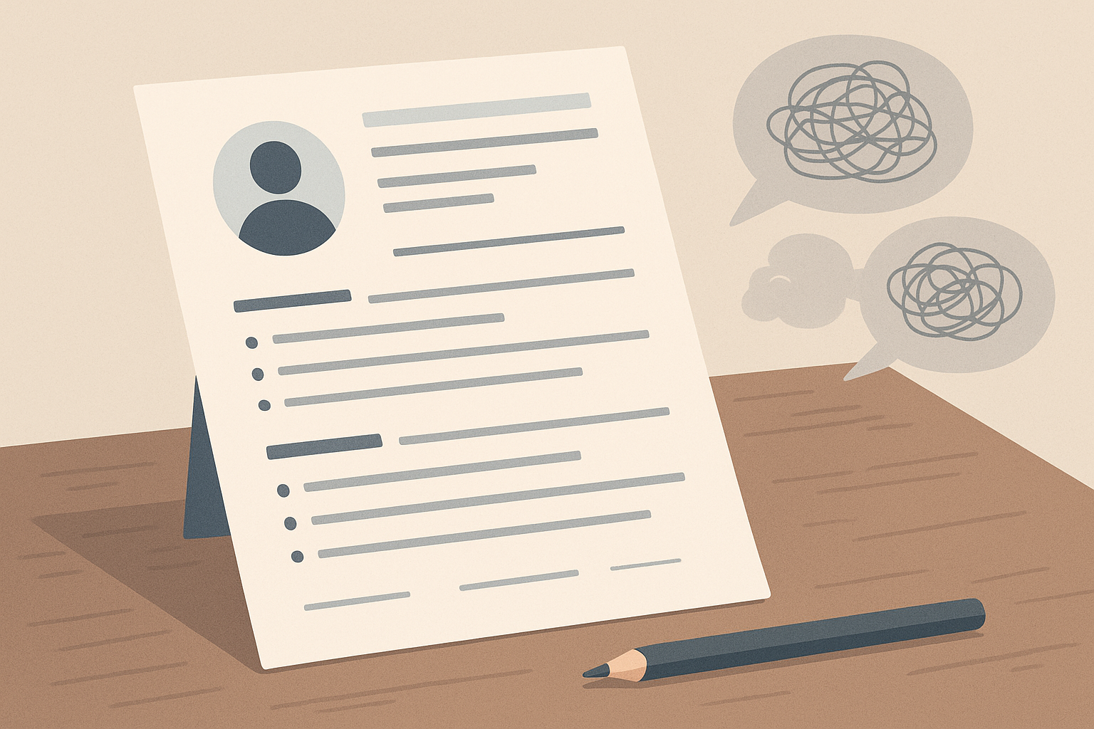 Editorial illustration showing a clean, factual resume while messy emotional explanation stays outside the document