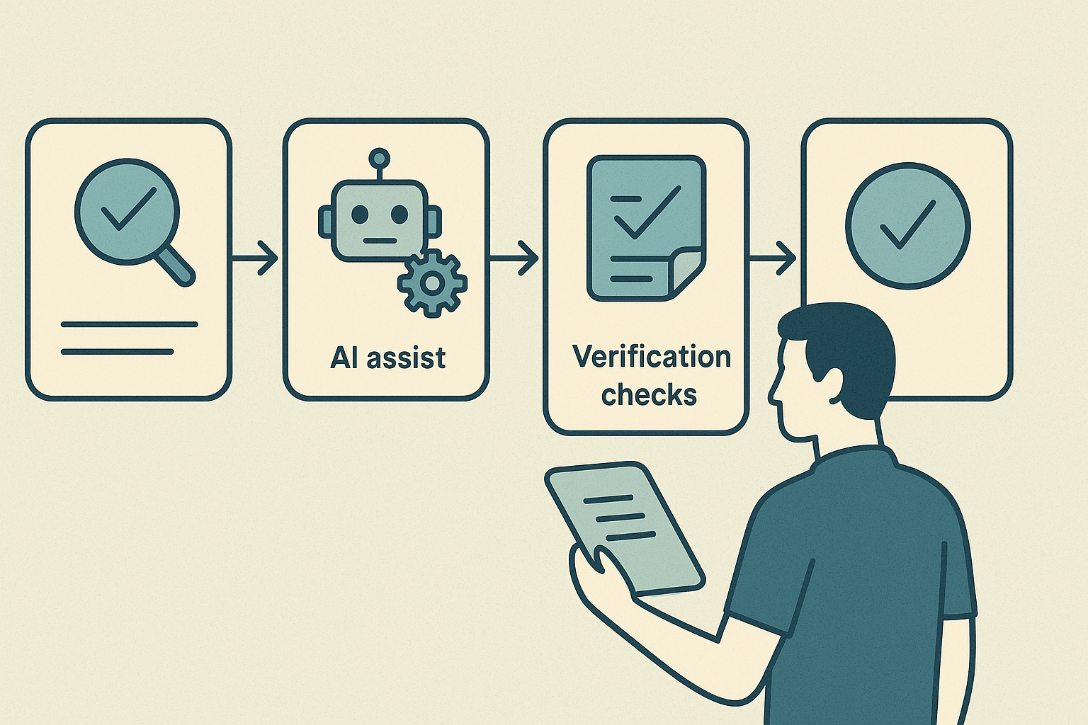 Workflow showing a scoped task moving through AI help, verification, and final human approval