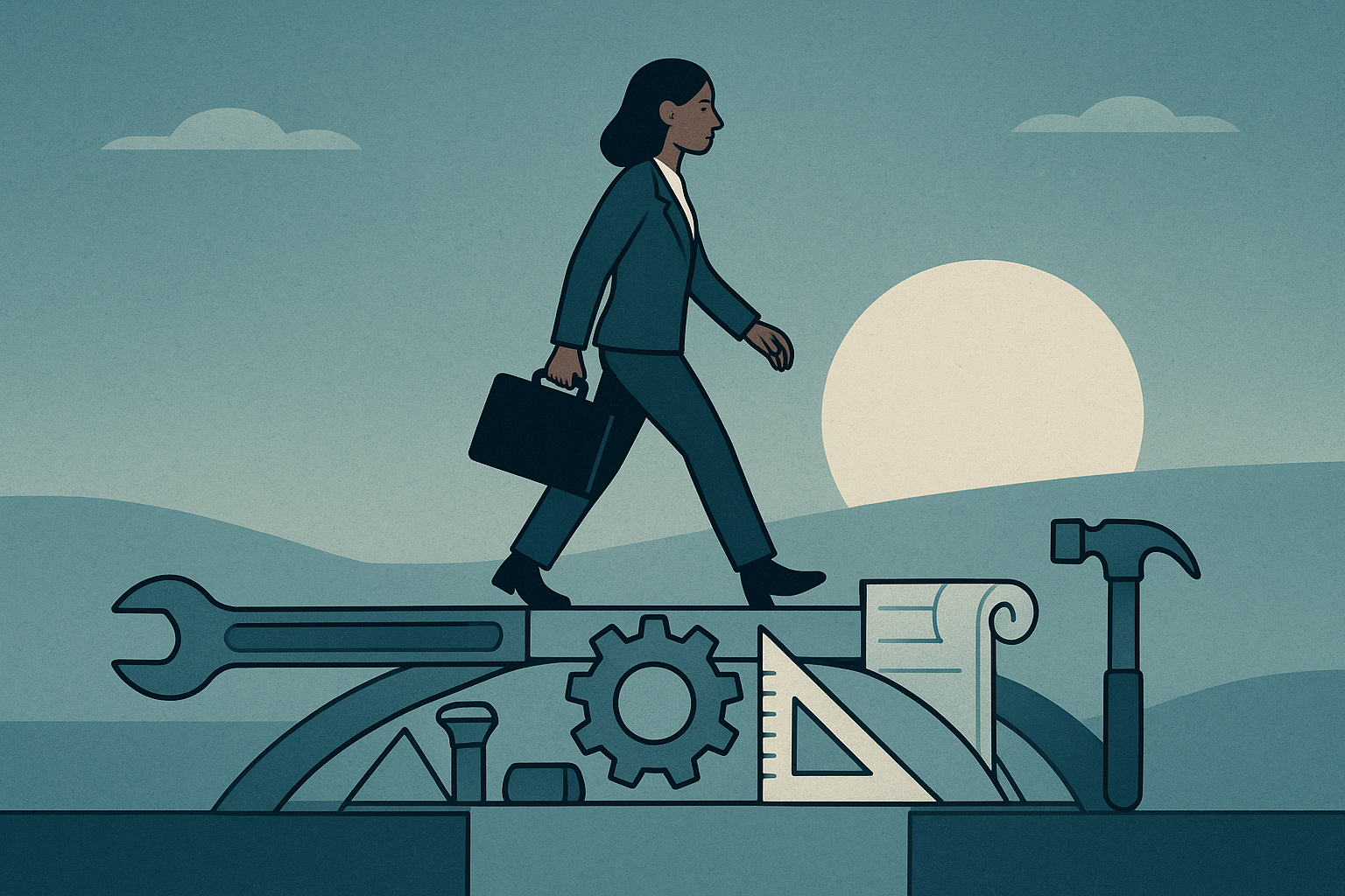 Editorial illustration showing a smaller bridge role helping a laid-off professional keep moving with relevant skills intact