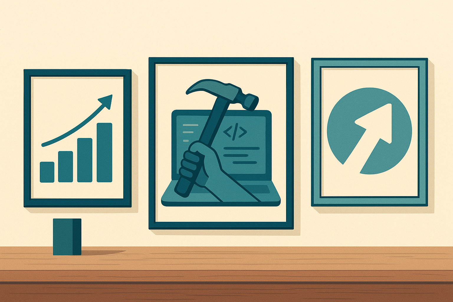Editorial illustration showing three practical lenses for judging a step-down role: stability, relevant craft, and whether the move still points forward