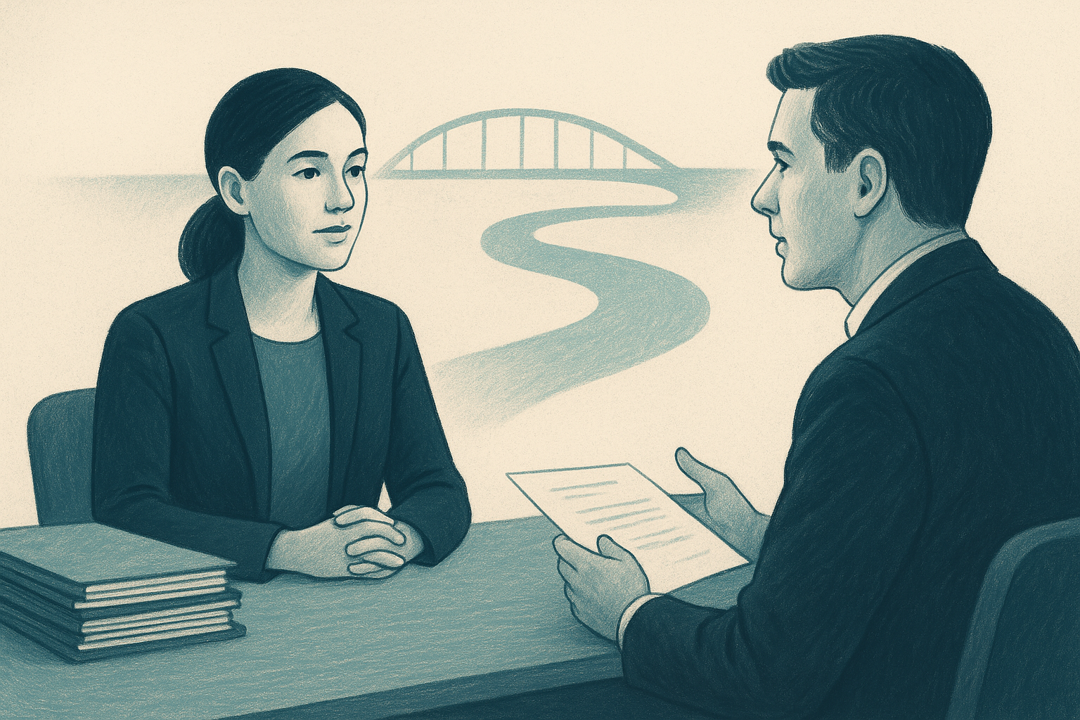 Editorial illustration showing a calm interview conversation where a smaller role is framed as a deliberate bridge, not a career failure