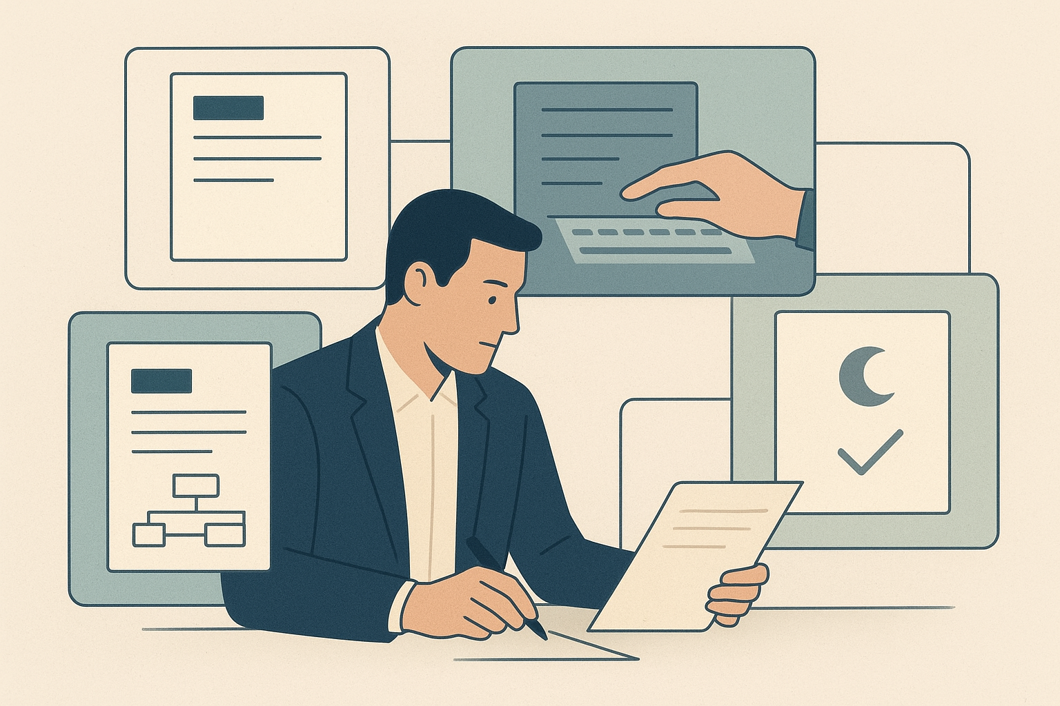 Editorial illustration of AI-assisted work flowing through task framing, human review, and final ownership