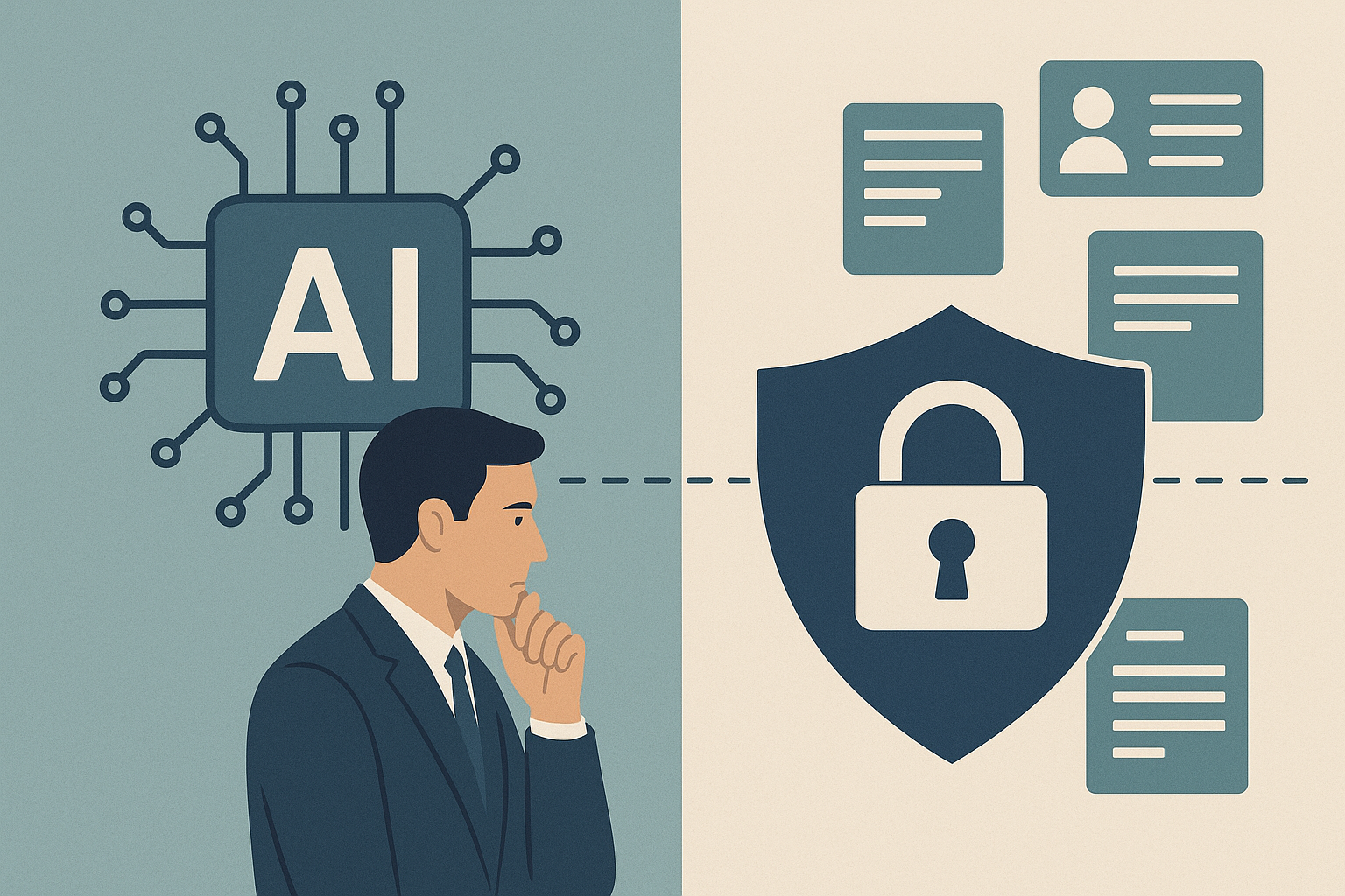 Editorial illustration showing a boundary between sanitized AI inputs and protected sensitive materials