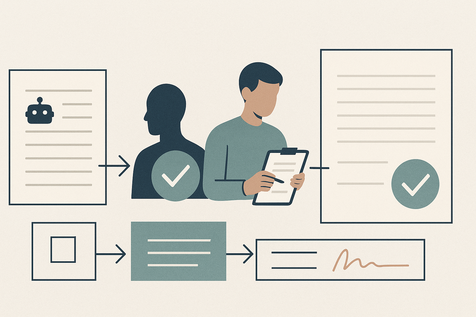 Editorial illustration of a generated draft moving through human review, testing, and approval gates