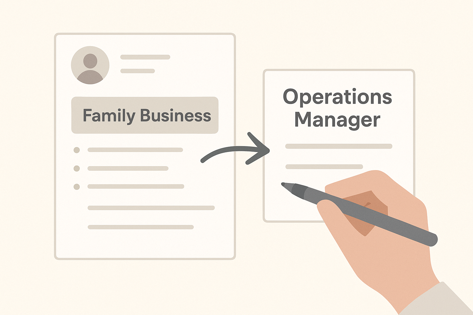 Editorial illustration showing informal or family-business work being translated into a clear functional resume role