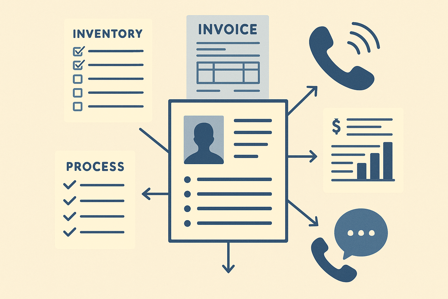 Editorial illustration showing inventory, invoicing, and customer-work evidence turning into strong resume bullets