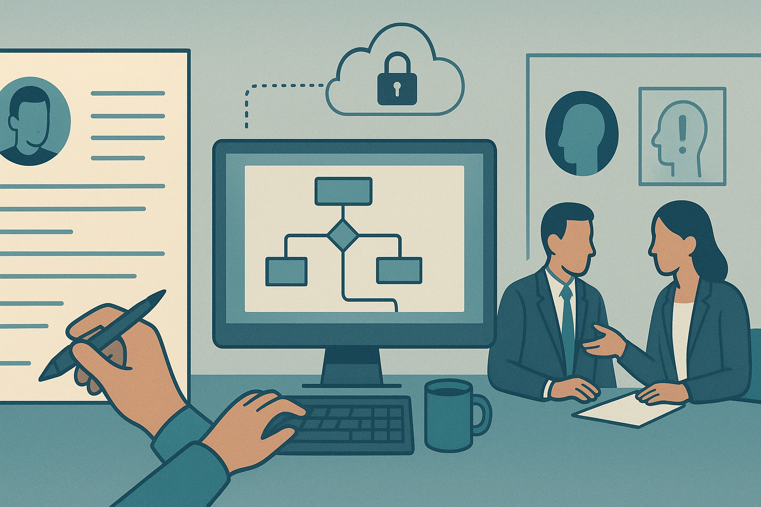 Editorial illustration showing one security-aware AI workflow translated into resume, portfolio, and interview proof while final decisions remain human-owned