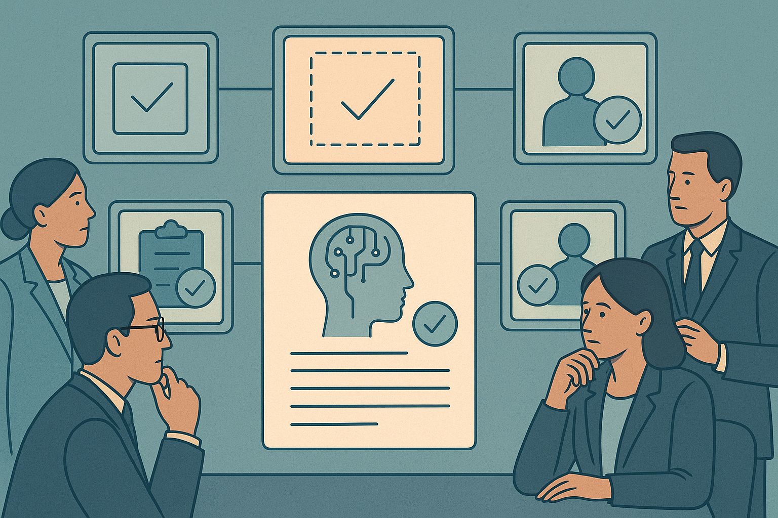 Editorial illustration showing a candidate's AI project being evaluated through distinct proof lenses for task scope, boundary judgment, review gates, verification, and human-owned decisions