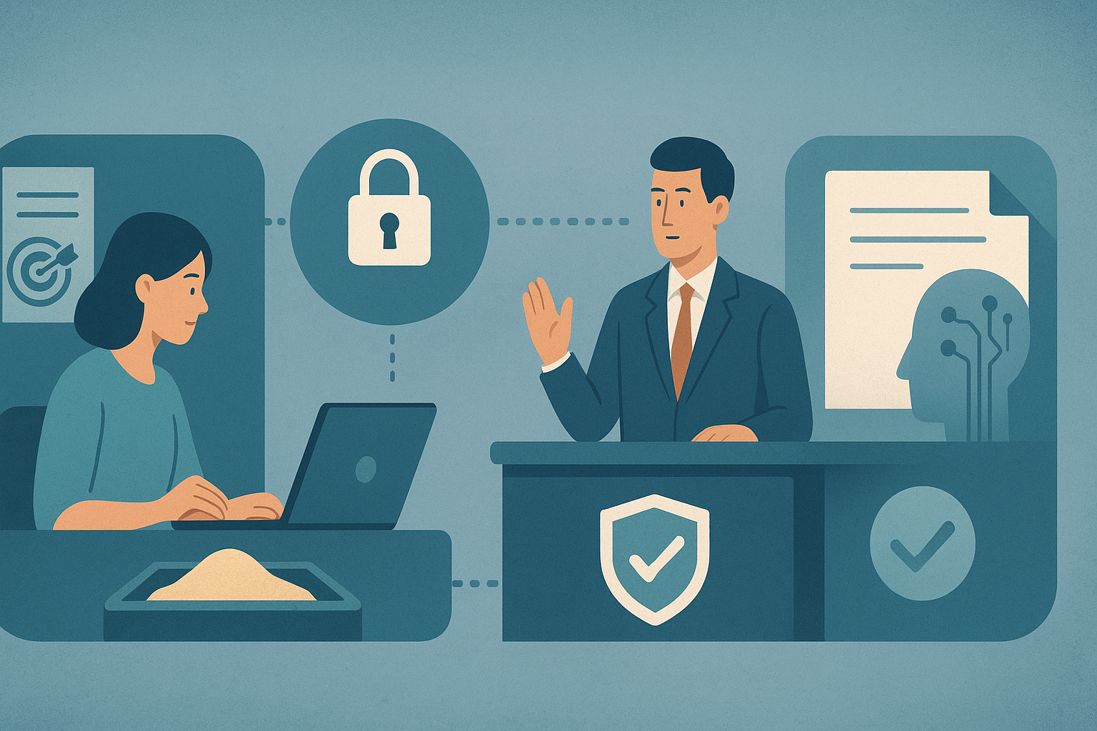 Editorial illustration showing an AI-assisted workflow moving through scoped input, restricted tools, a human approval gate, and verified output inside clear safety boundaries
