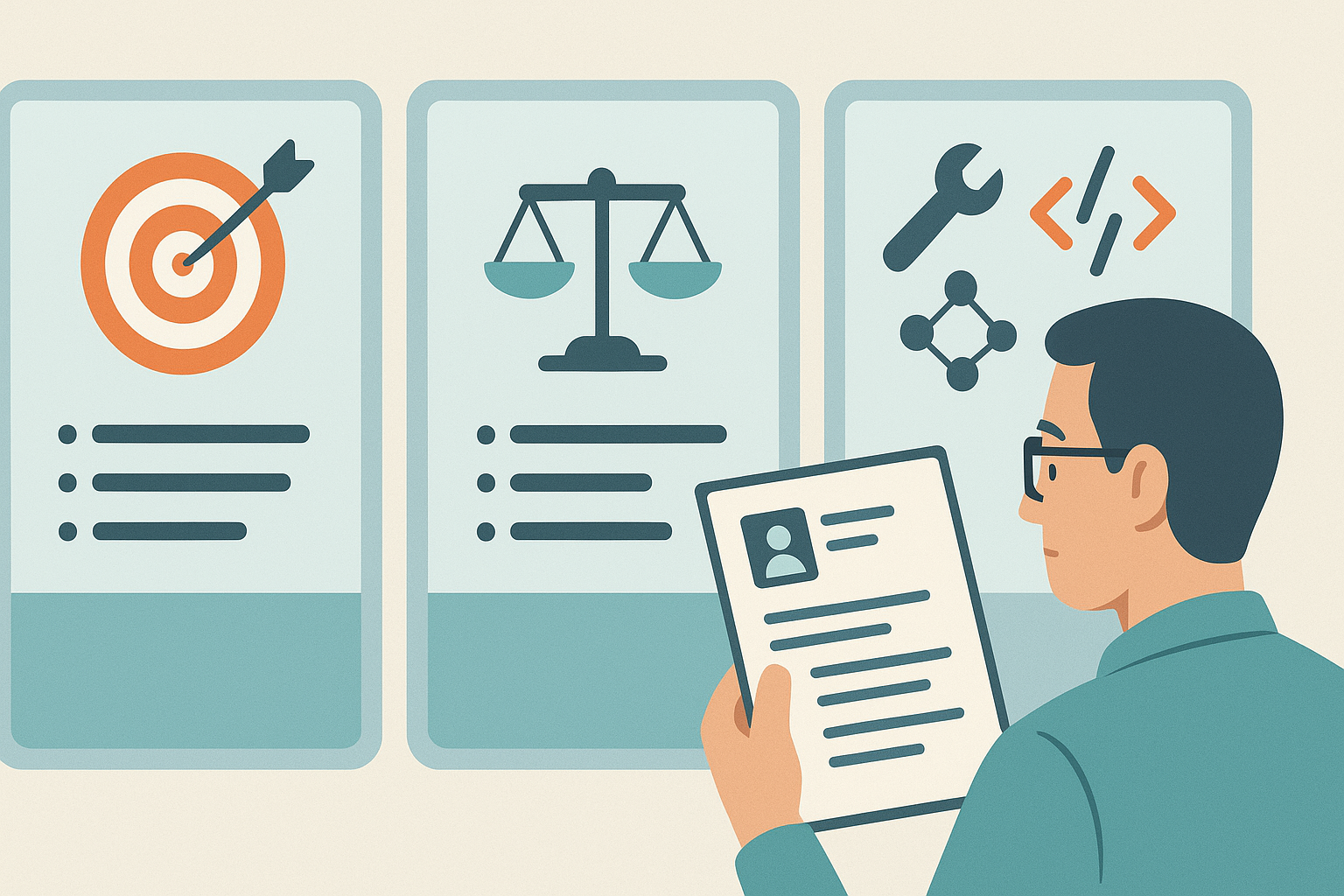 Editorial illustration showing an experienced candidate filtering resume evidence through role relevance, scope alignment, and hands-on execution proof