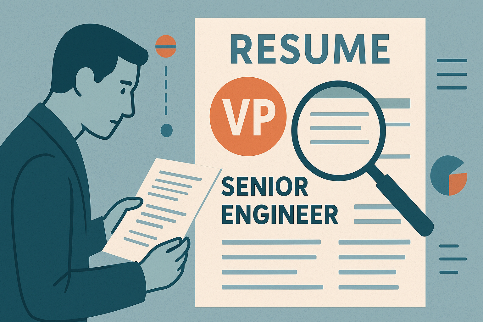 Editorial illustration showing how an oversized senior title can create false distance from a hands-on senior engineer role during resume review