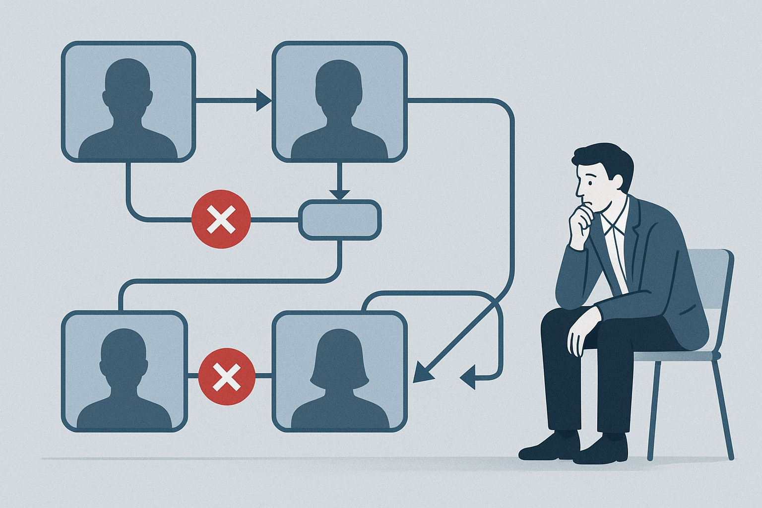 Editorial illustration showing a hiring loop with broken handoffs, crossed-out meeting blocks, and visible process bottlenecks around a waiting candidate