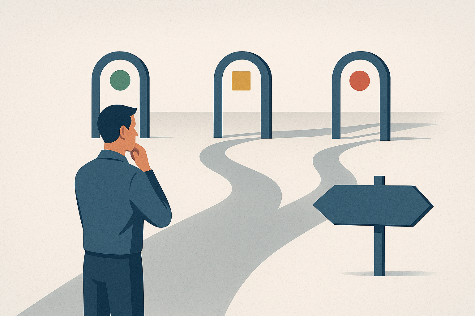 Editorial illustration showing a candidate deciding whether to continue through a hiring path by checking for clarity, consistency, and respect at each gate