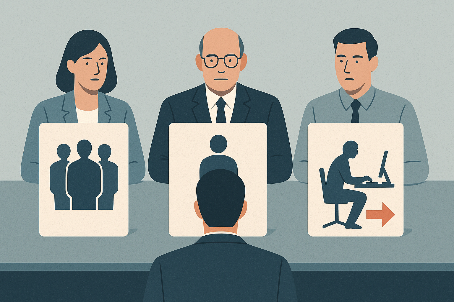 Editorial illustration showing a candidate facing three interviewers who each frame the same role differently, signaling internal confusion about what the job actually is