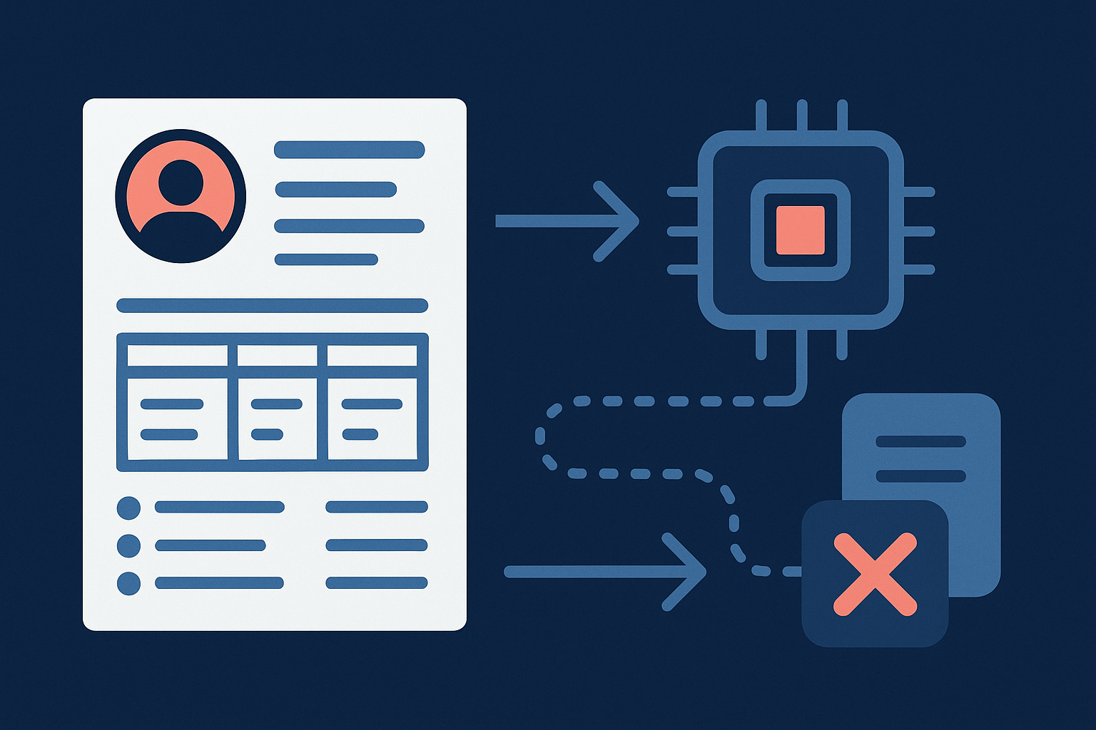 Editorial illustration showing a candidate reaching a binary screening gate where work authorization, location, and other baseline questions can stop the application early