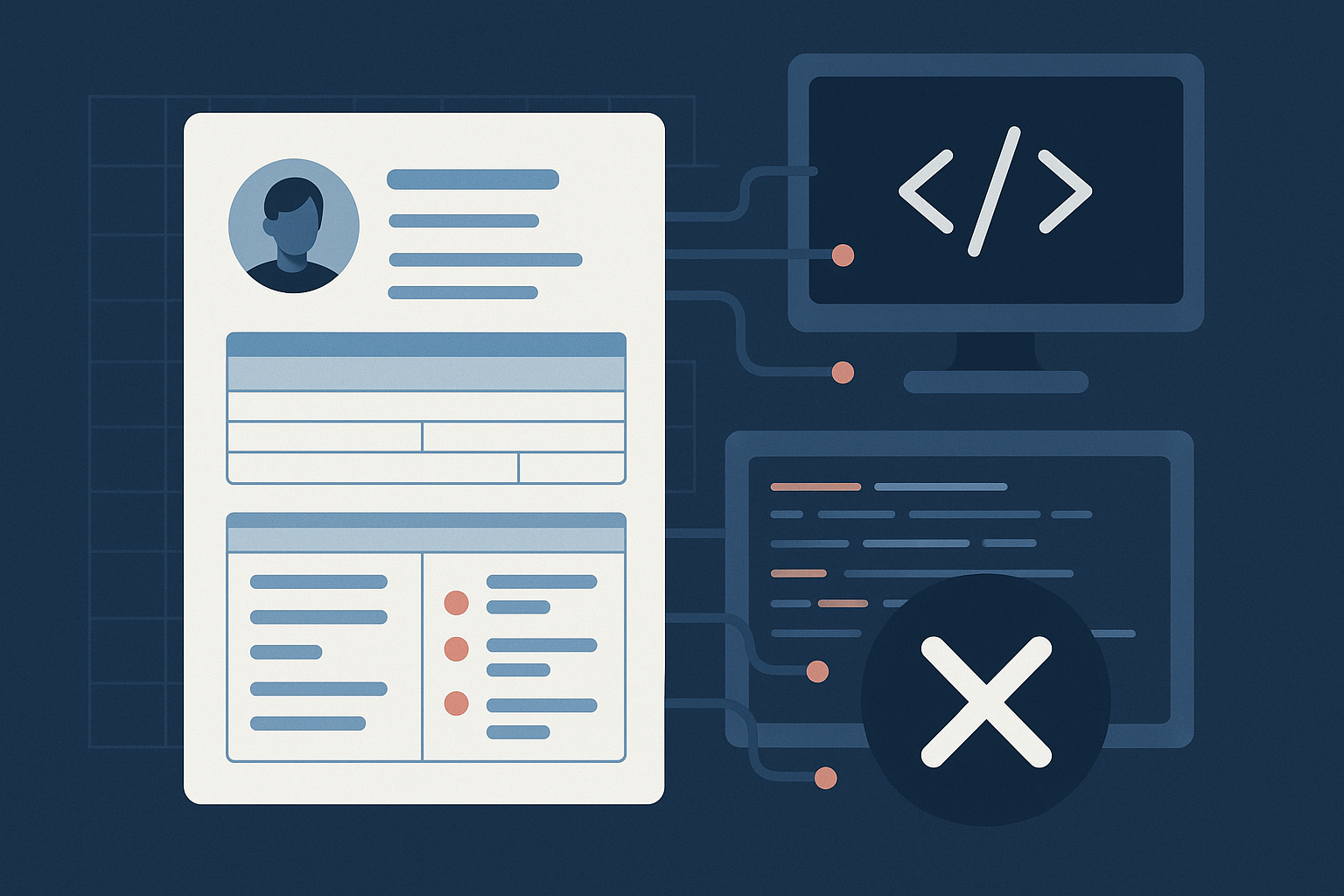 Editorial illustration showing a weakly matched software engineer resume being compared against a clearer role-aligned version with visible technical overlap