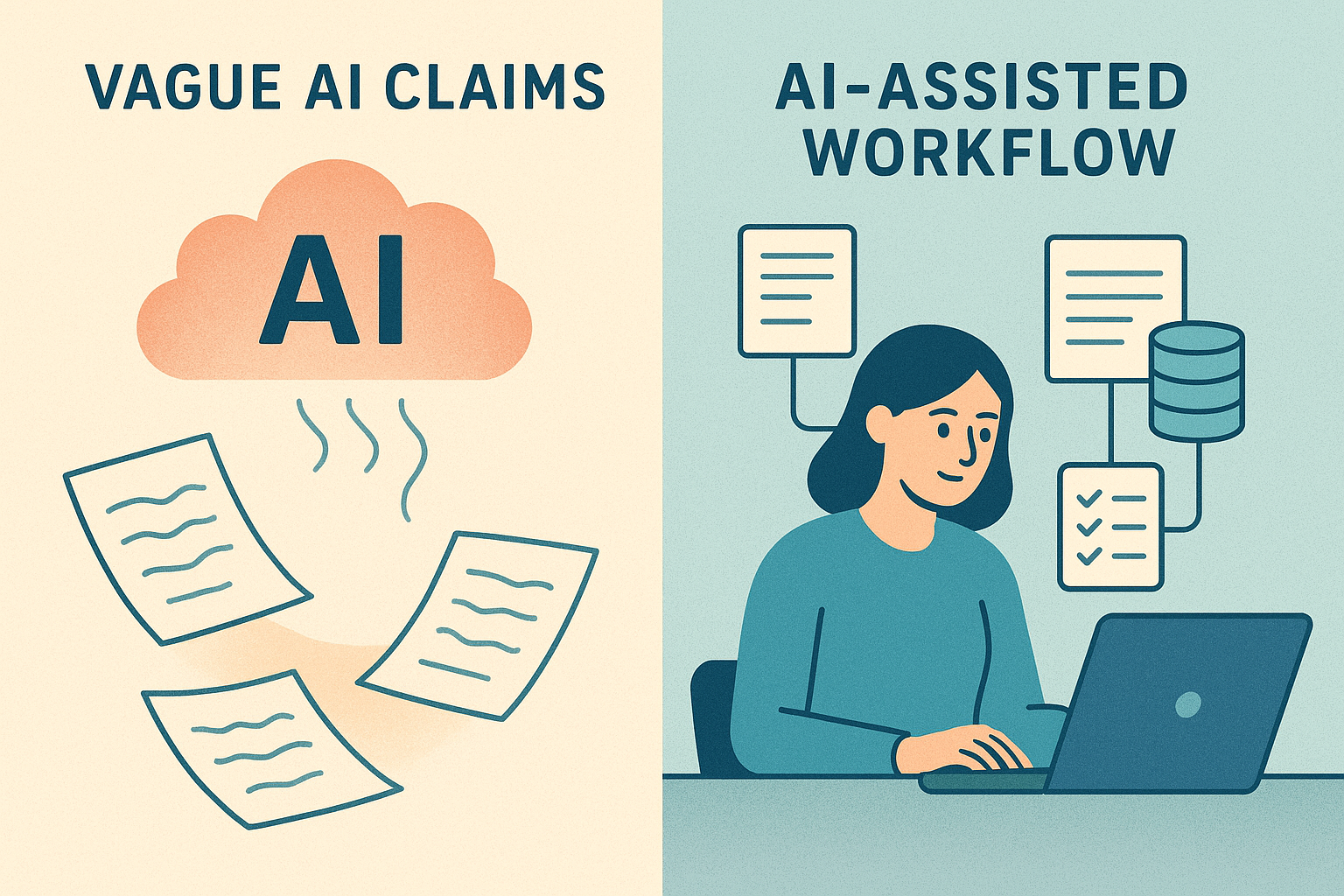 Editorial illustration showing a comparison between vague AI claims drifting away from weak source material and a grounded AI workflow anchored to current documentation and validated references