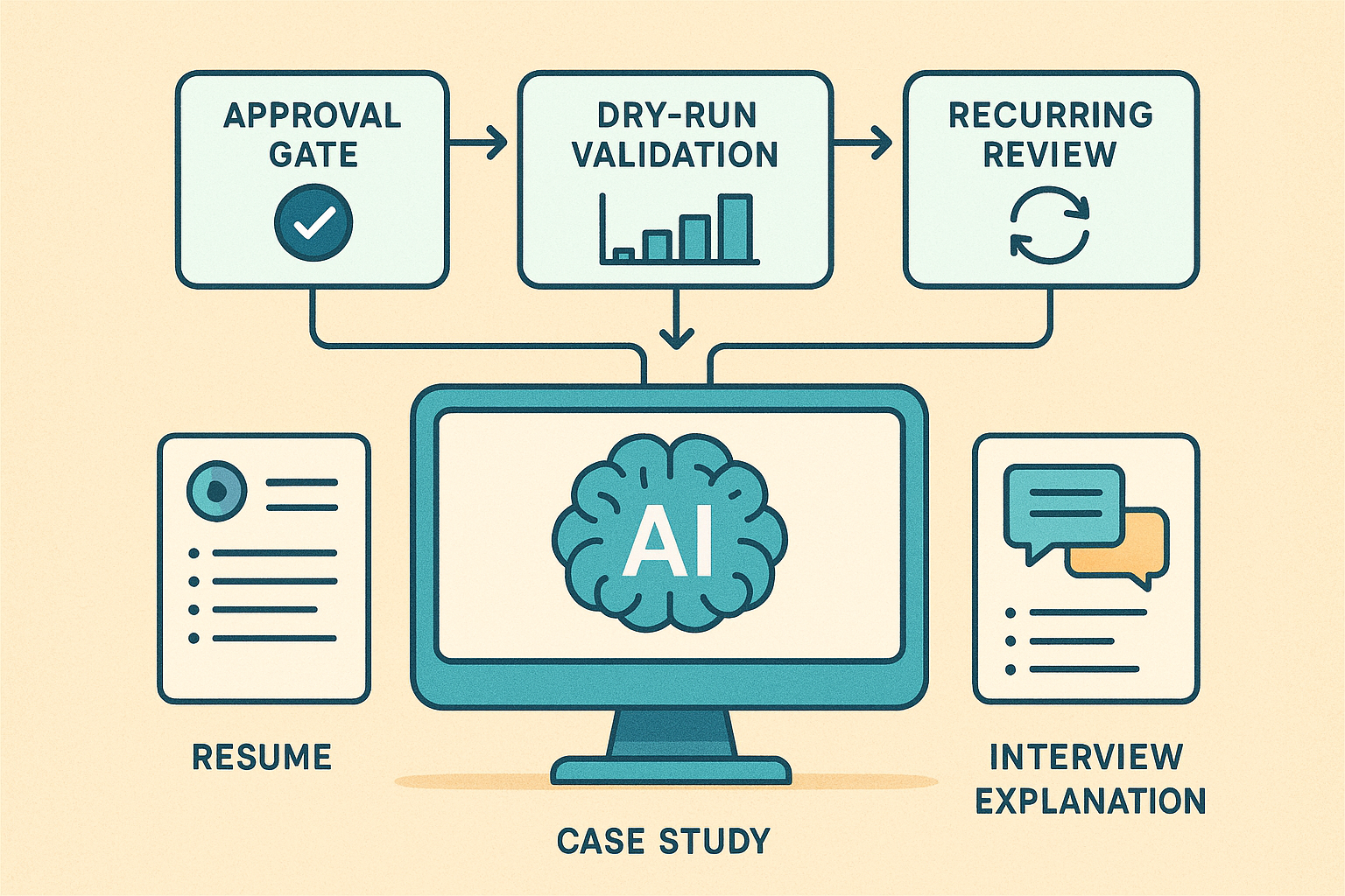 Editorial illustration showing one bounded AI workflow feeding into a resume bullet, a portfolio case study, and an interview explanation after approval gates, dry-run validation, and recurring review