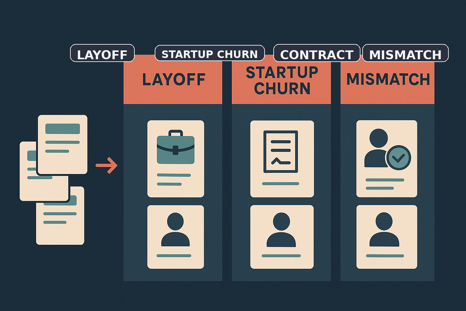 Editorial illustration showing a software engineer sorting several short roles into layoffs, startup churn, contract work, and mismatch instead of one chaotic timeline