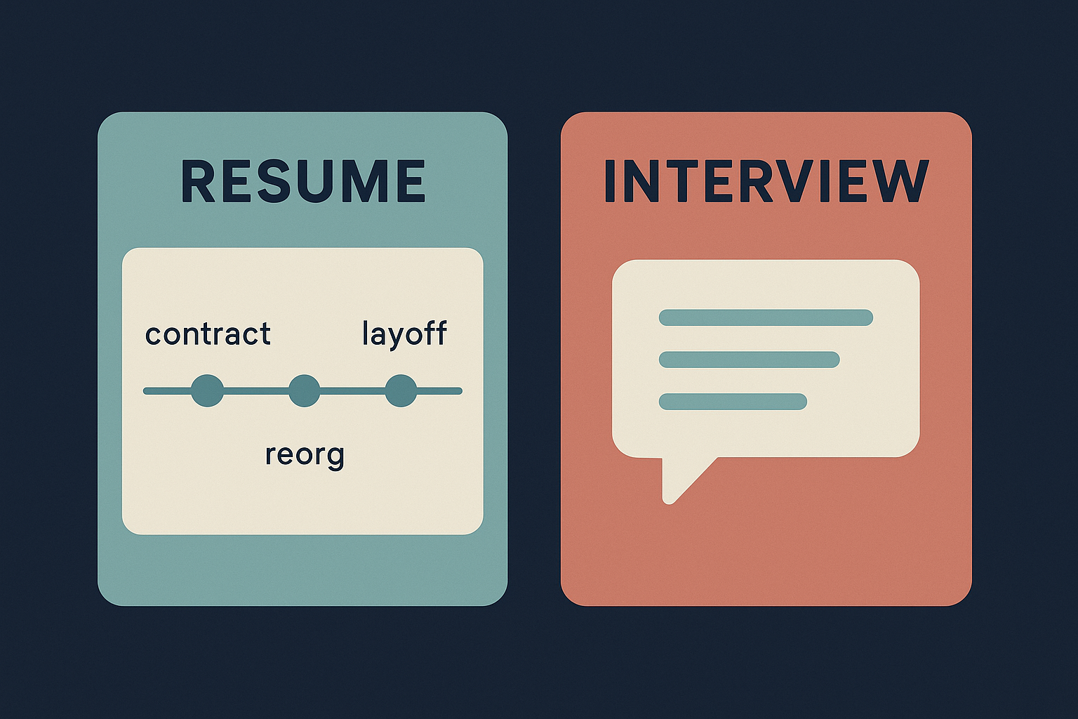Editorial illustration showing a resume timeline with brief labels like contract, layoff, and reorg while the deeper explanation sits in an interview conversation bubble