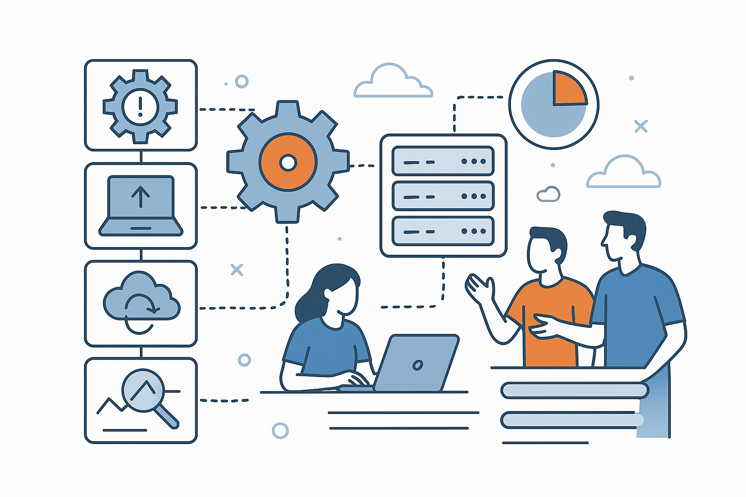 Editorial illustration showing collaborative engineering work like reliability, testing, deployments, and incident response creating team-level outcomes without relying on a single personal percentage metric