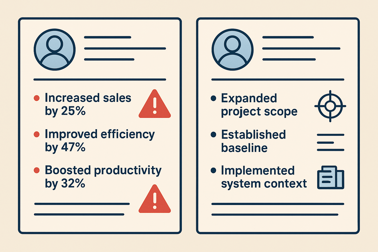 Editorial illustration comparing fake-looking precision on resume bullets with clearer evidence-first signals grounded in scope, baseline, and technical context