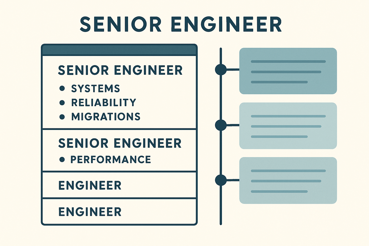 Editorial illustration showing recent roles carrying richer technical proof while older experience is compressed into lighter timeline cards