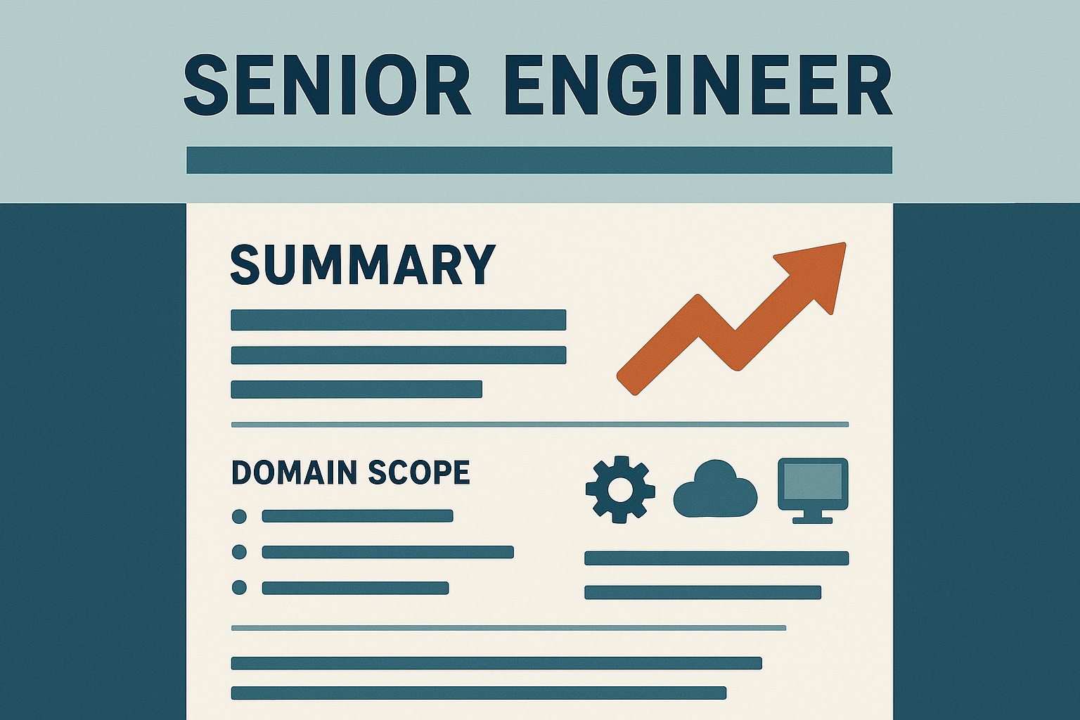 Editorial illustration showing a senior engineer resume with the top third structured around scope, systems, and leverage signals