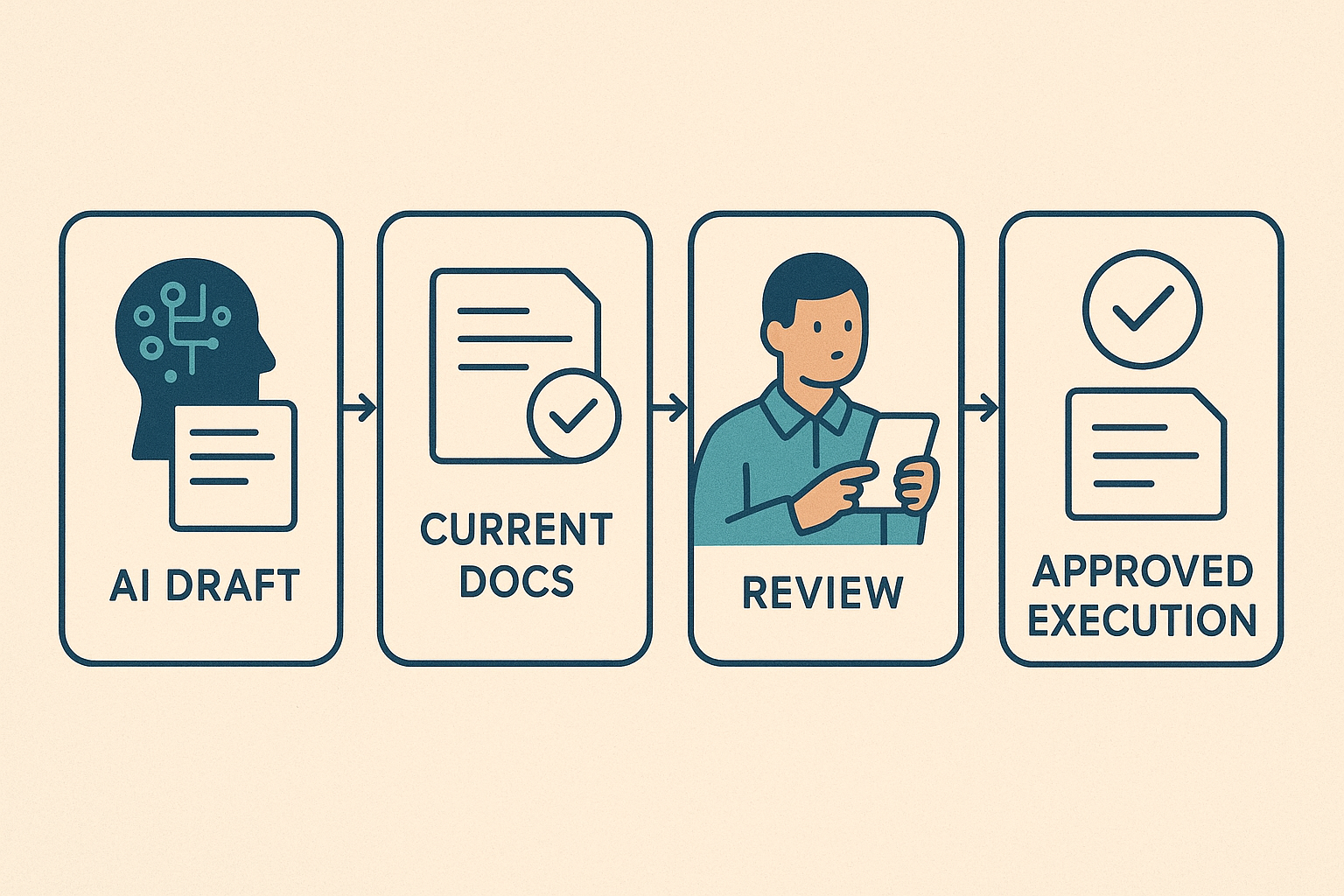 Editorial illustration of an internal migration workflow moving from AI proposals to current-doc checks, human review, approvals, and final execution
