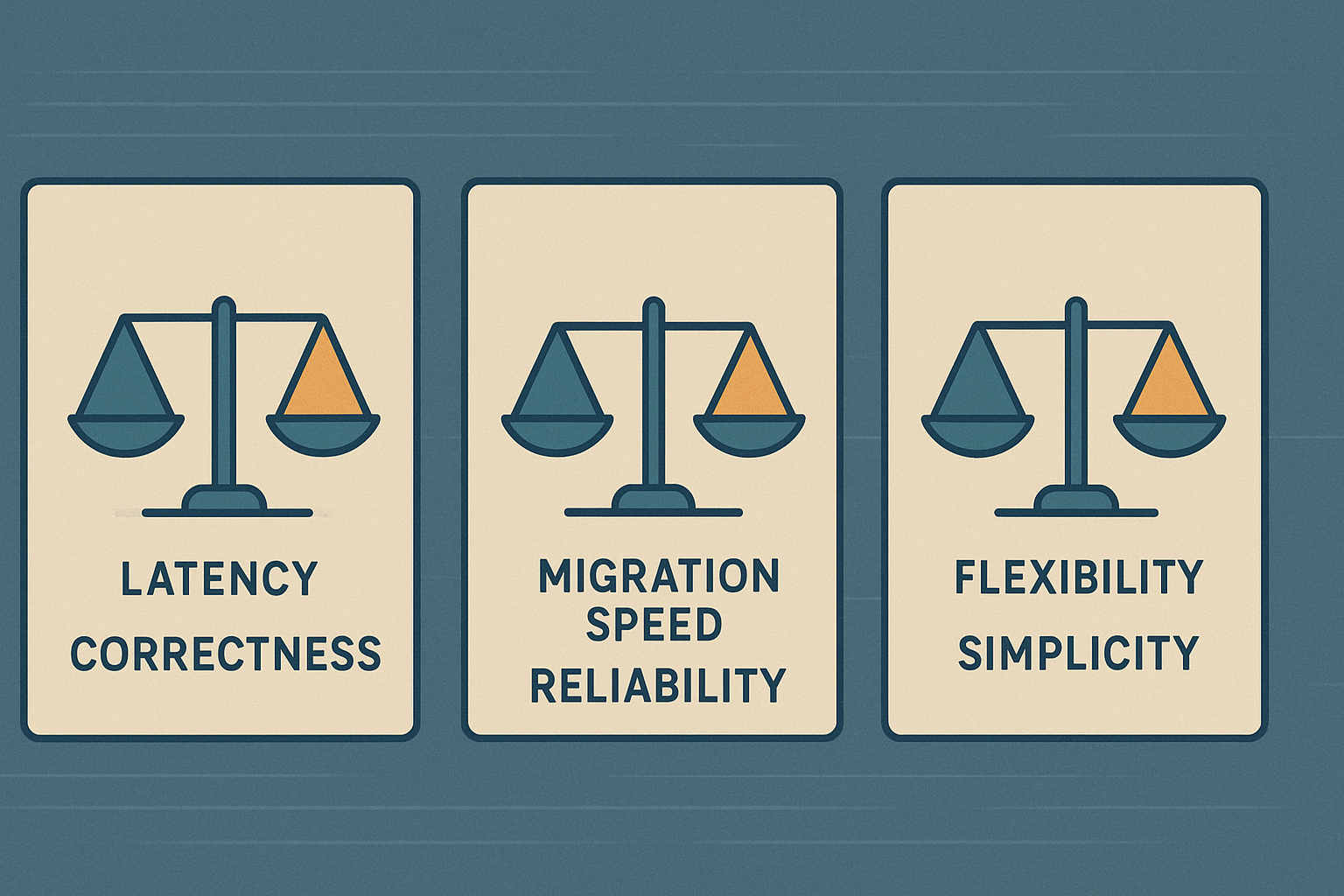 Editorial illustration showing three systems tradeoff frames balancing freshness and cost, speed and reliability, and shared standards with team flexibility