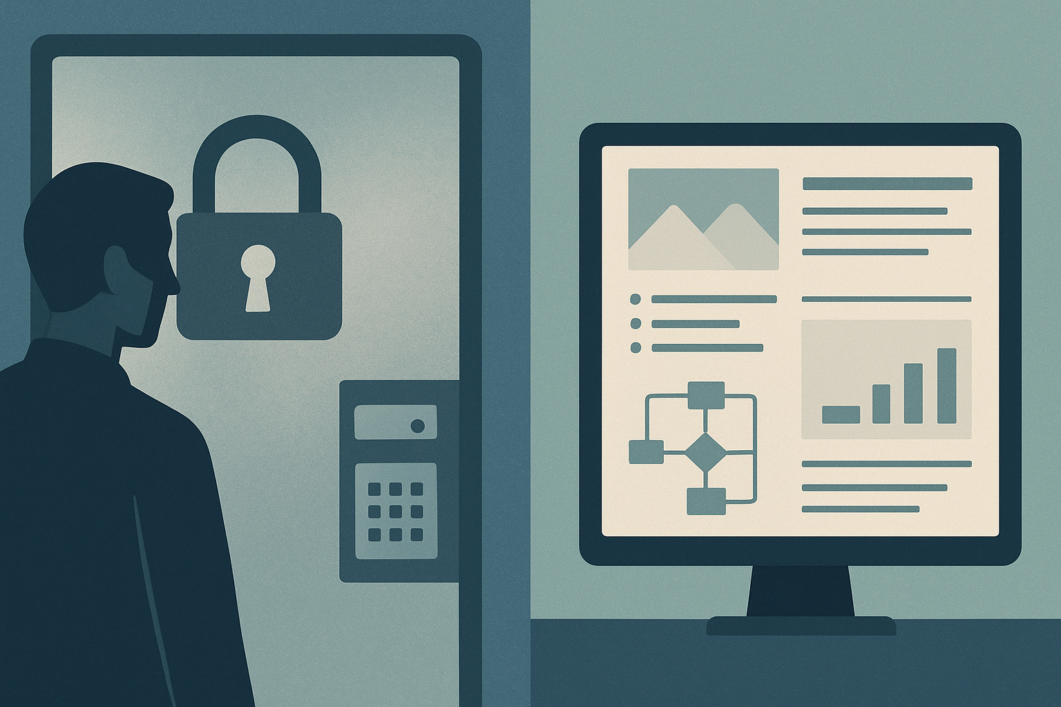 Editorial illustration showing a locked confidential system on one side and a public-safe portfolio case study distilled into reusable engineering patterns on the other