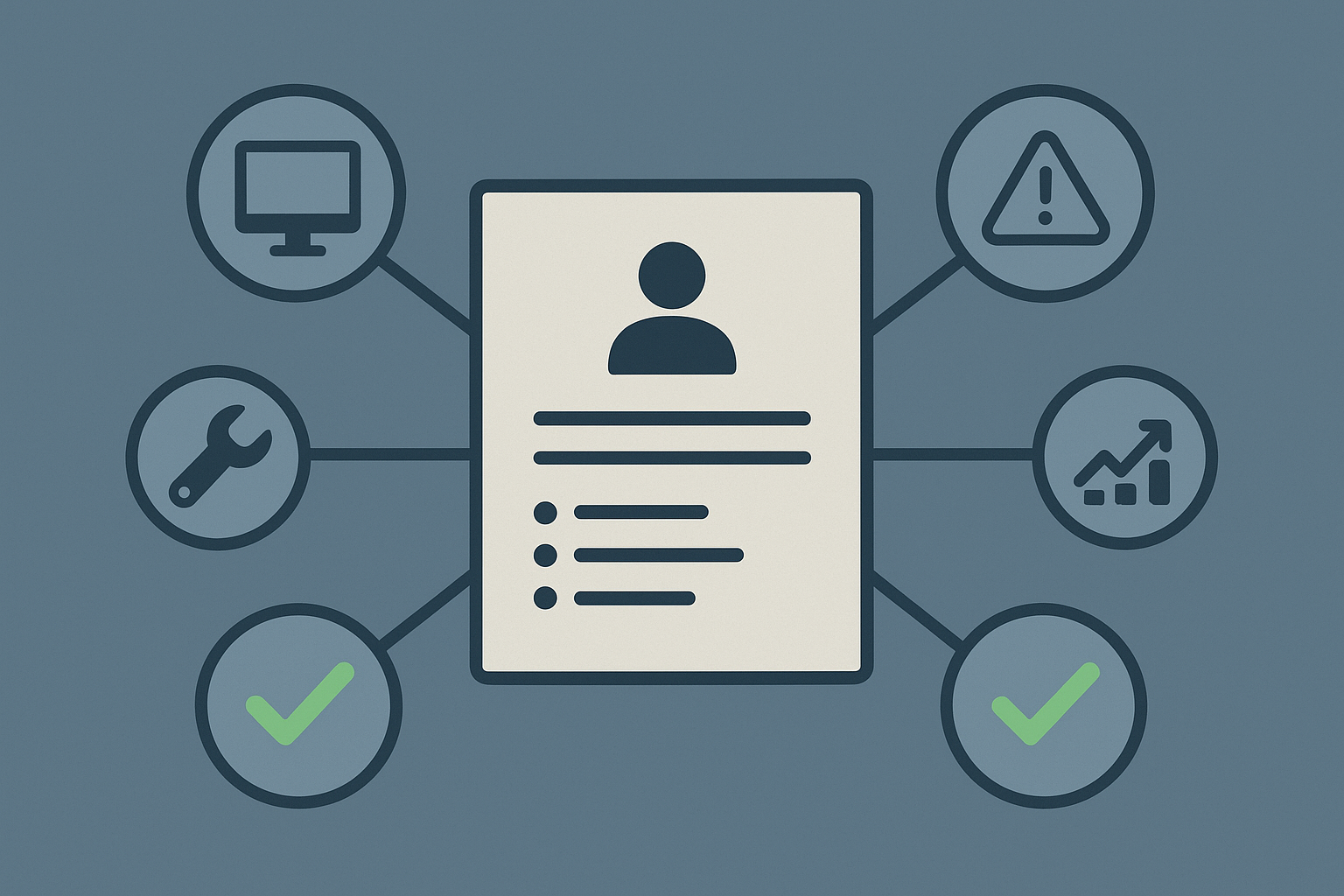 Editorial illustration showing a four-part resume review check for infrastructure work: system scope, risk, intervention, and outcome