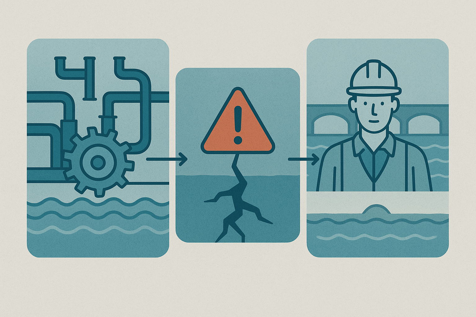 Editorial illustration showing infrastructure resume evidence flowing from system context to visible risk to a calmer downstream outcome